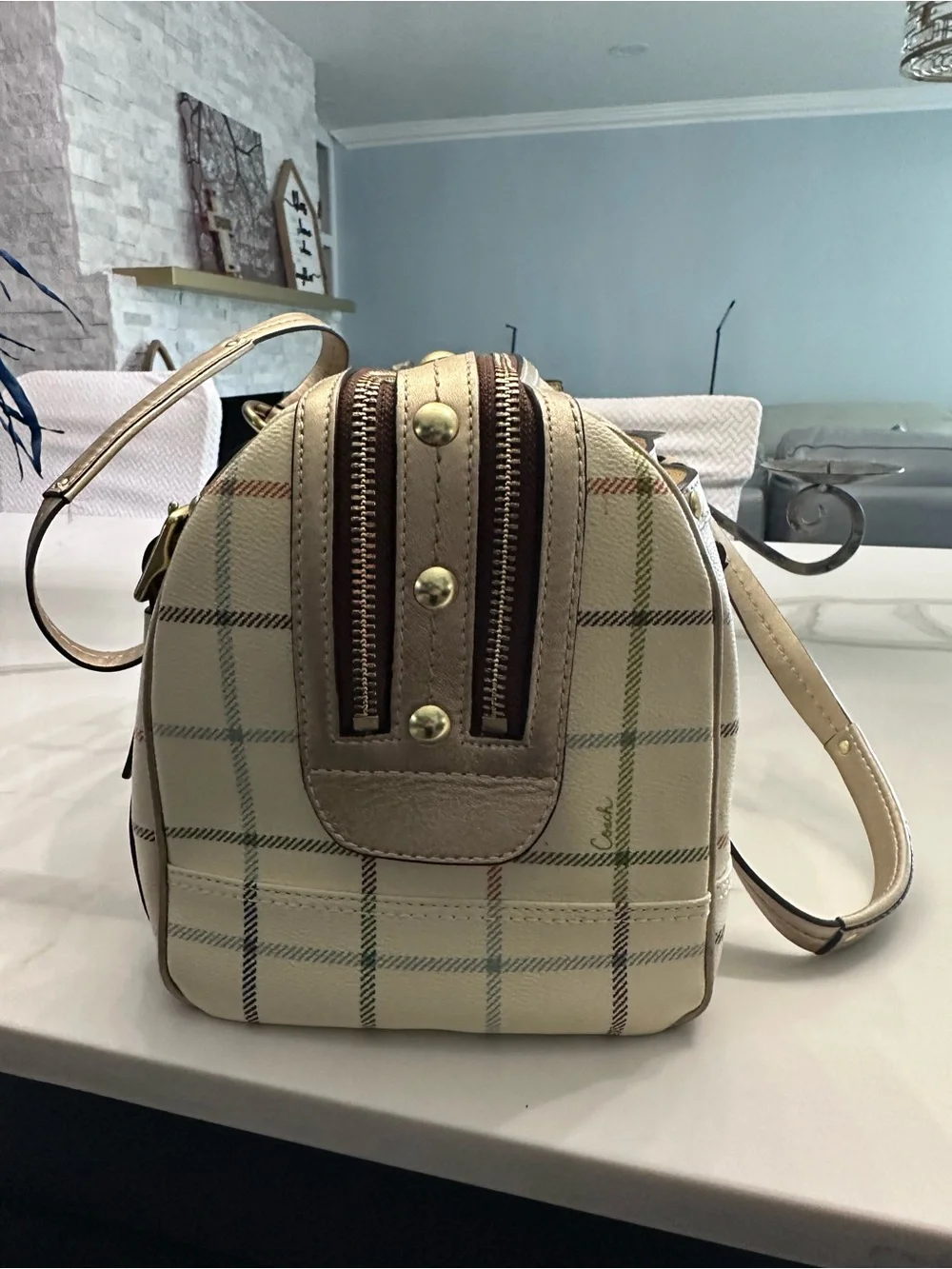 Coach Cream Satchel with Multicolor Plaid Stripes